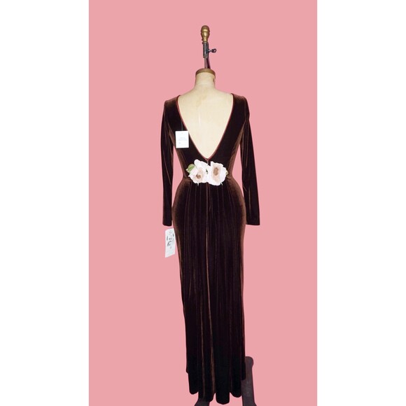 Y2K JESSICA McCLINTOCK NWT. Low Back Rosette Velvet Long Sleeve Maxi Dress. S-M - Picture 3 of 10